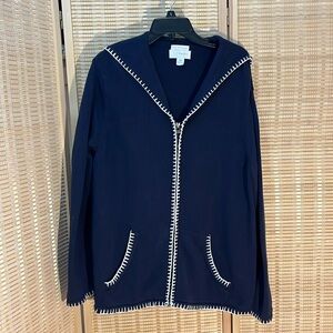 CJ Banks Navy blue cotton knit zip front hand embroidered sweater 1X